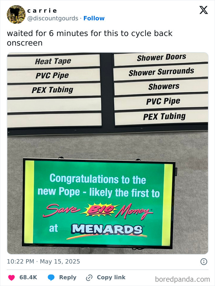 Funny tweet showing a store sign humorously congratulating the new Pope with a Menards discount offer.