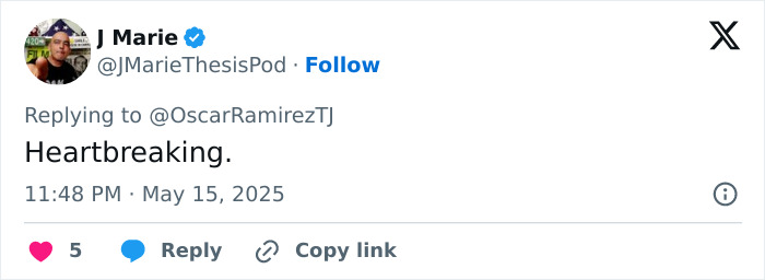 Tweet from J Marie expressing heartbreak over the beauty influencer shot while live streaming incident update.