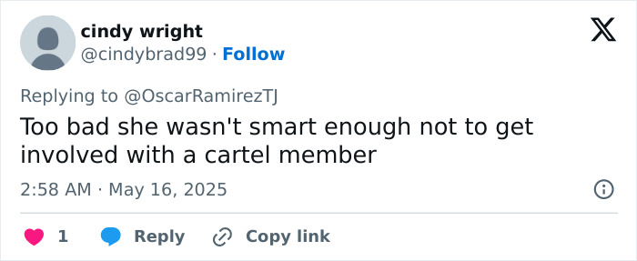 Twitter comment by cindy wright discussing beauty influencer shot while live streaming and hitman ex as prime suspect.