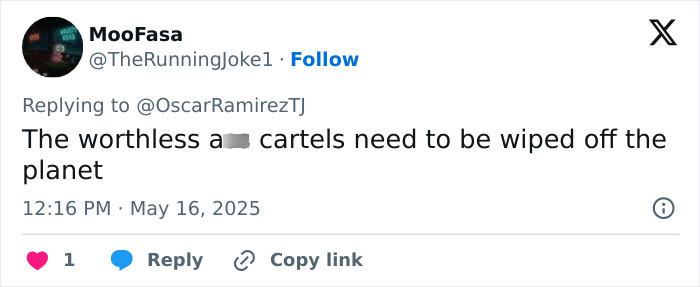 Tweet expressing anger about cartels related to the major update in beauty influencer case involving hitman suspect.