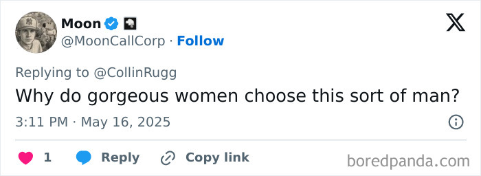 Tweet by user Moon questioning why gorgeous women choose a certain type of man, related to beauty influencer shot while live streaming case.