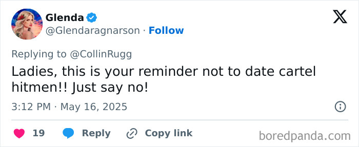 Tweet warning about dating cartel hitmen, related to major update in beauty influencer live streaming shooting case.