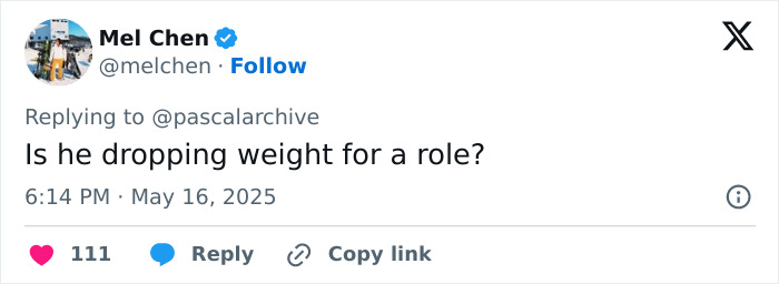 Screenshot of a tweet asking if Pedro Pascal is dropping weight for a role amid fans guessing about his new jaw. Screenshot of a tweet asking if Pedro Pascal is dropping weight for a role amid fans guessing about his new jaw.