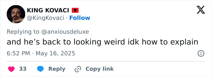 Tweet from user King Kovaci commenting on Pedro Pascal’s new jaw and fans guessing about plastic surgery or Ozempic. Tweet from user King Kovaci commenting on Pedro Pascal’s new jaw and fans guessing about plastic surgery or Ozempic.