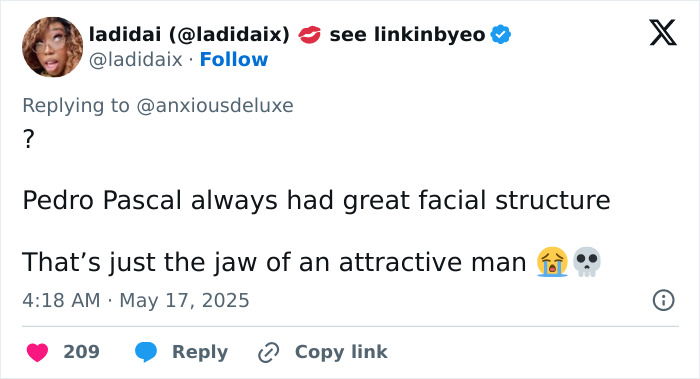 Tweet discussing Pedro Pascal’s new jaw, sparking fan guesses about plastic surgery or Ozempic effects. Tweet discussing Pedro Pascal’s new jaw, sparking fan guesses about plastic surgery or Ozempic effects.