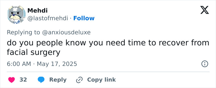 Tweet discussing recovery time needed after facial surgery, related to Pedro Pascal’s new jaw and plastic surgery rumors. Tweet discussing recovery time needed after facial surgery, related to Pedro Pascal’s new jaw and plastic surgery rumors.