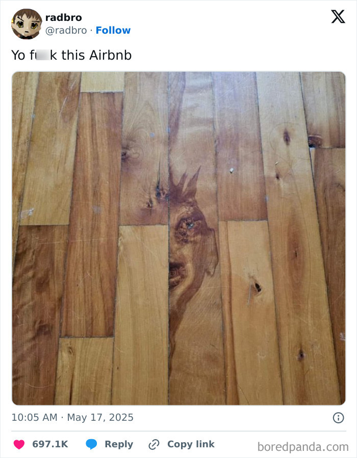 Funny May tweets showing a wooden floor with a natural pattern resembling a face, shared on social media.