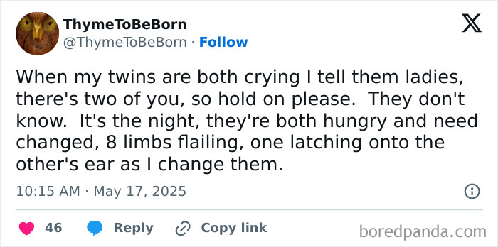 Parenting realities shared in a tweet about calming crying twins at night while managing feeding and diaper changes.