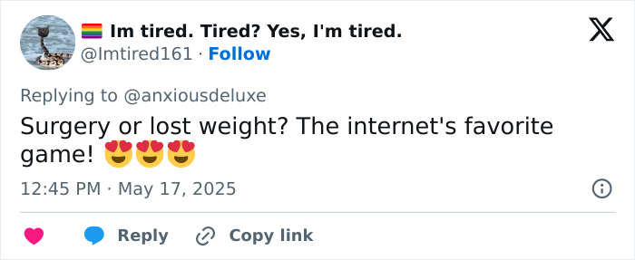 Tweet screenshot showing a user discussing Pedro Pascal’s new jaw, guessing if it’s plastic surgery or Ozempic. Tweet screenshot showing a user discussing Pedro Pascal’s new jaw, guessing if it’s plastic surgery or Ozempic.