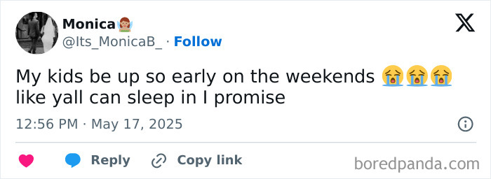 Tweet about early-rising kids on weekends, highlighting the realities of parenting with relatable humor and emojis.