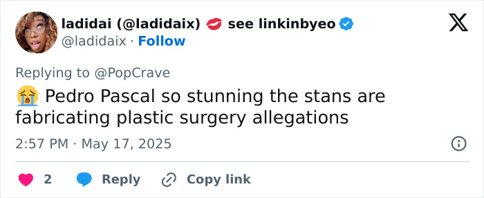 Tweet discussing Pedro Pascal’s jaw transformation with fans debating plastic surgery or Ozempic usage. Tweet discussing Pedro Pascal’s jaw transformation with fans debating plastic surgery or Ozempic usage.