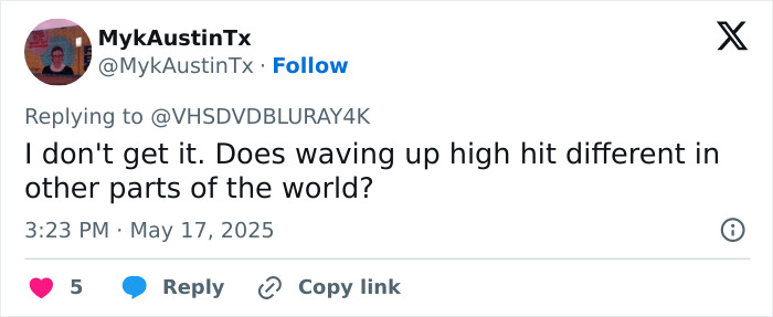 Tweet discussing confusion about the meaning of a high wave gesture in different cultures related to lip reader decoding.