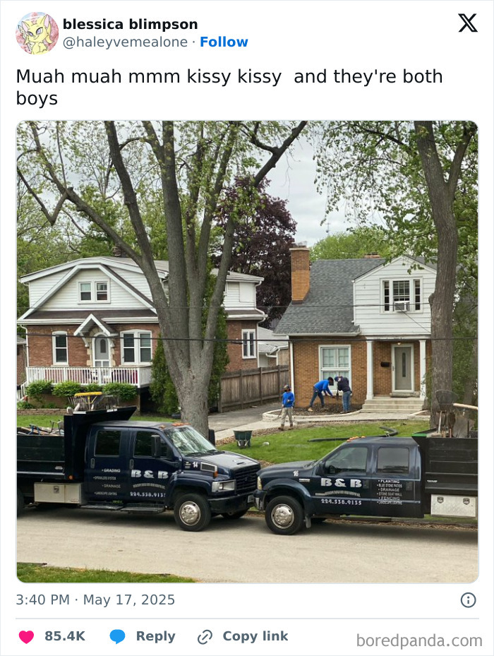 Two B&B landscaping trucks parked front to front on a suburban street, funny tweet from May included.