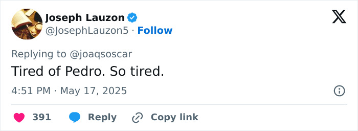 Tweet by Joseph Lauzon expressing frustration with Pedro Pascal, relevant to lip reader decoding and unintentionally offensive hand wave.