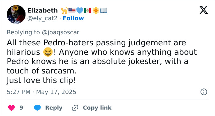 Tweet praising Pedro Pascal as a jokester with sarcasm, reacting humorously to a clip involving an offensive hand wave.