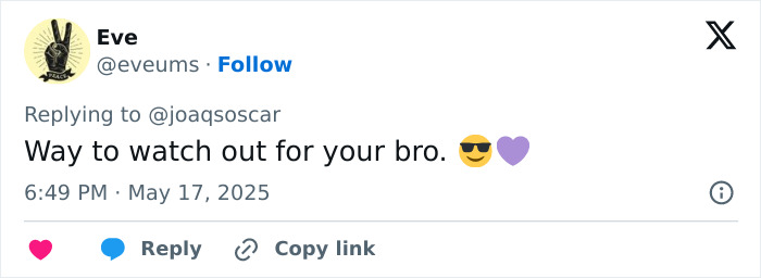 Screenshot of a tweet showing a supportive reply, related to a lip reader decoding Pedro Pascal&rsquo;s hand wave to Joaquin Phoenix.