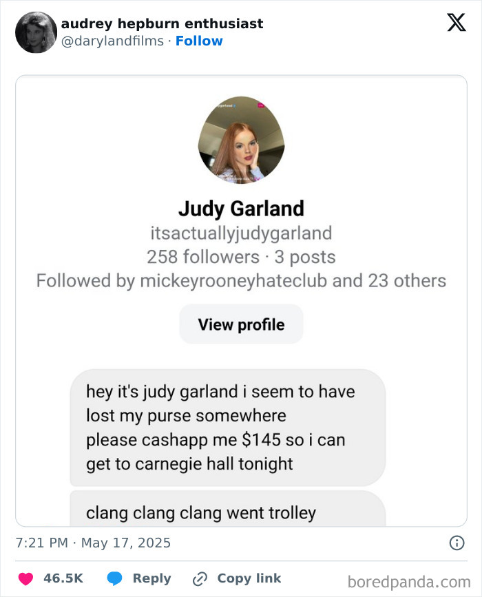 Screenshot of a funny tweet from May featuring a humorous plea for money to get to Carnegie Hall.