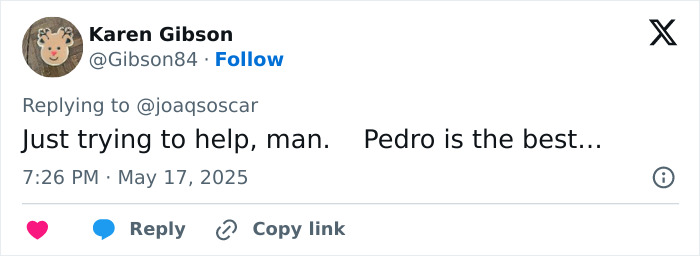 Tweet from Karen Gibson referencing Pedro Pascal, related to lip reader decoding what Pedro Pascal said after his hand wave.