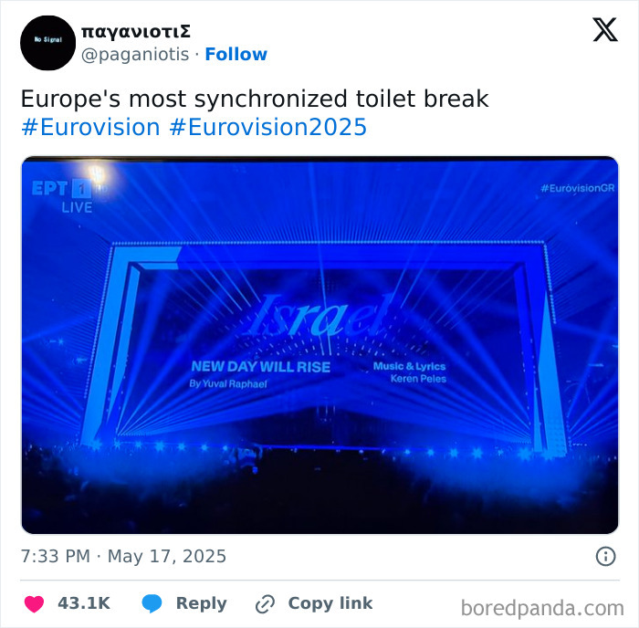 Eurovision 2025 stage with Israel's performance titled New Day Will Rise by Yuval Raphael and Keren Peles.