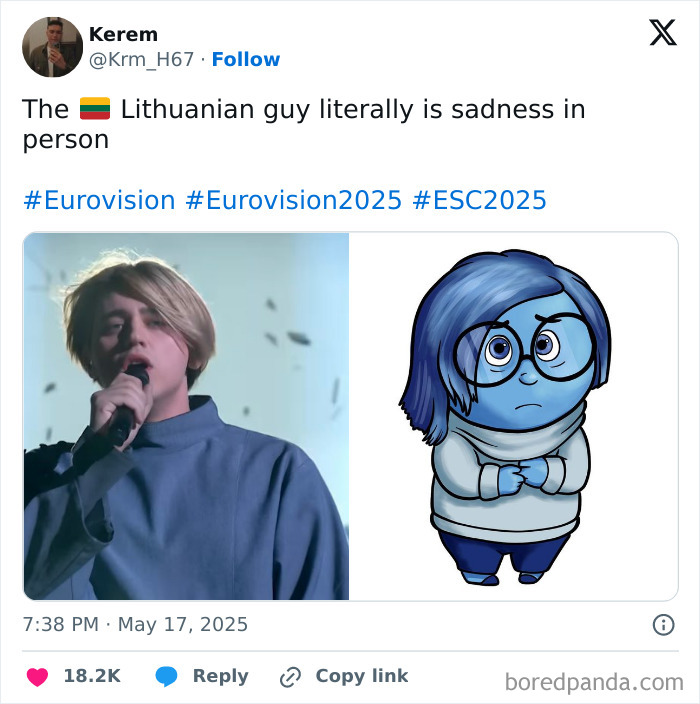 Tweet showing a Lithuanian Eurovision 2025 contestant singing next to a cartoon character representing sadness.