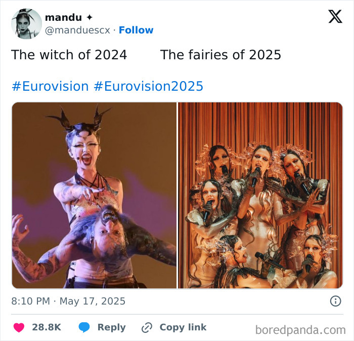 Hilarious Eurovision Song Contest memes showing dramatic 2024 witch and whimsical 2025 fairies in elaborate costumes and makeup.