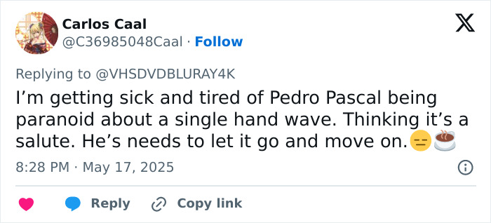 Tweet discussing Pedro Pascal&rsquo;s hand wave and lip reader decoding what he said to Joaquin Phoenix.
