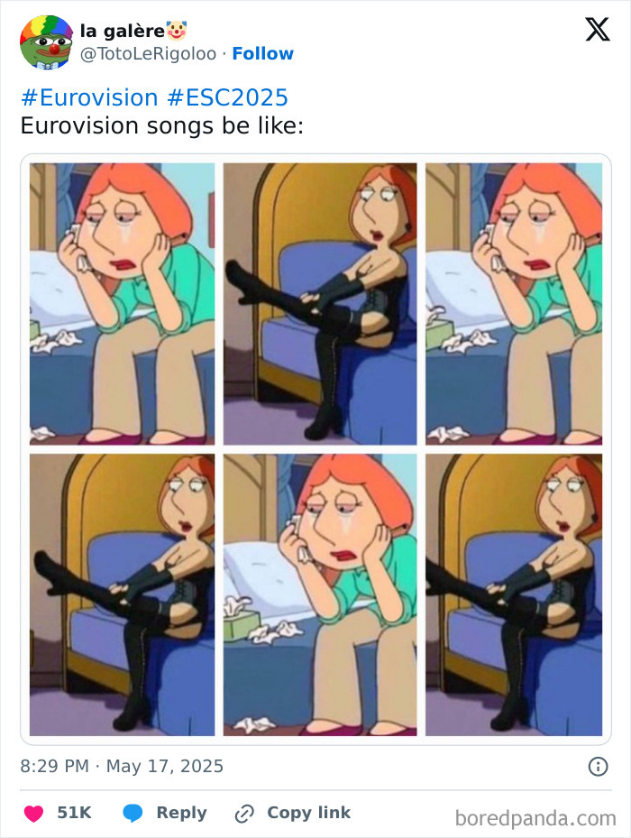 Collage of animated character switching between casual and dramatic outfits, humorously capturing Eurovision Song Contest memes.