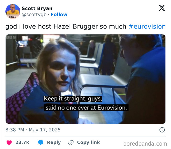 Woman with short blonde hair conversing backstage, captioned with a humorous Eurovision meme about keeping it straight.