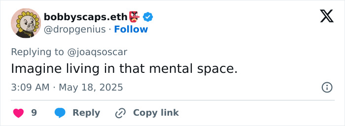 Tweet by user bobbyscaps.eth replying to @joaqsoscar, discussing mental space, posted May 18, 2025, related to lip reader decoding Pedro Pascal.