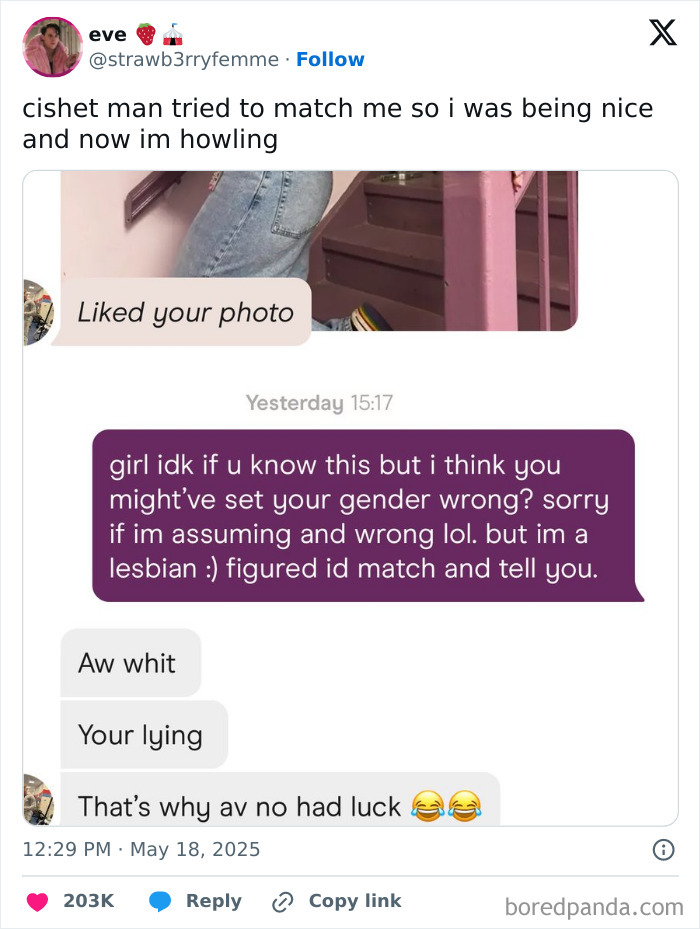 Tweet exchange about mistaken gender on a dating app, showcasing funny and relatable moments from viral tweets in May.