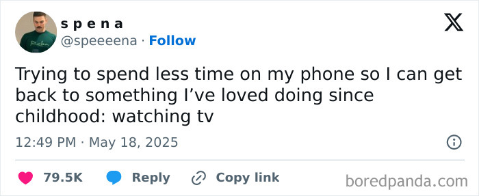 Tweet about spending less time on phone to enjoy childhood favorite of watching TV, part of funny tweets from May collection.