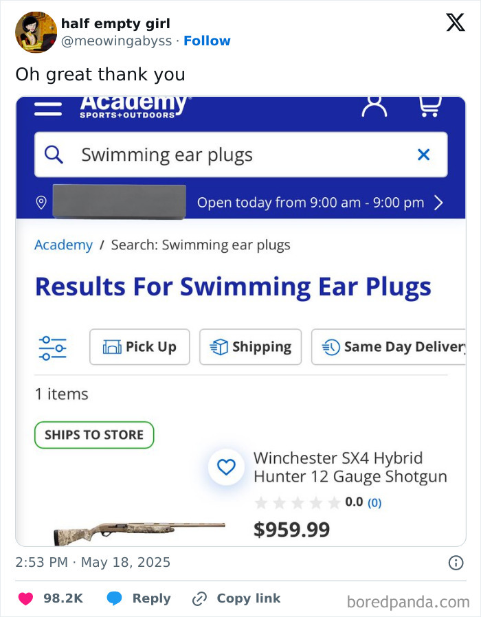 Screenshot of a funny tweet showing search results for swimming ear plugs with a s*****n listed for $959.99.