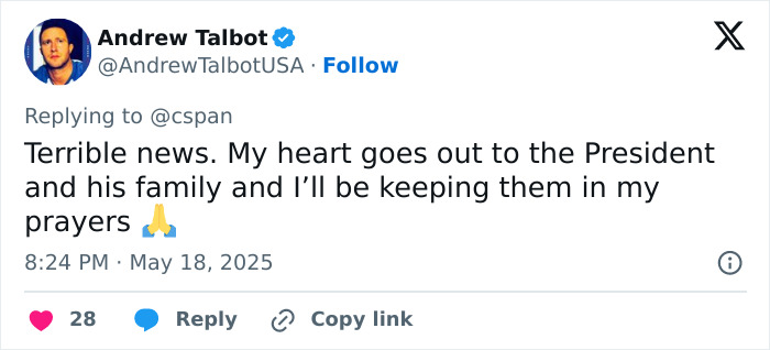 Tweet expressing sympathy for former president facing aggressive prostate cancer with bone spread, including praying hands emoji.