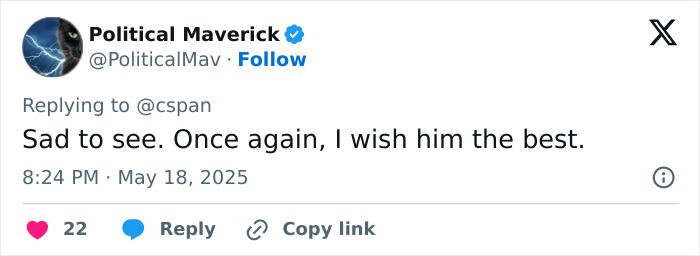 Tweet from Political Maverick expressing sympathy and well wishes for former president facing aggressive prostate cancer with bone spread.