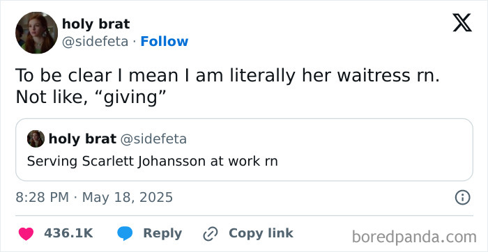 Tweet screenshot with a funny comment about being a waitress, part of May tweets too funny to share collection.