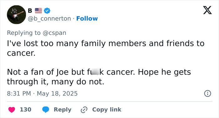 User tweet expressing sympathy for former president Biden facing aggressive prostate cancer with bone spread, mentioning family loss to cancer.