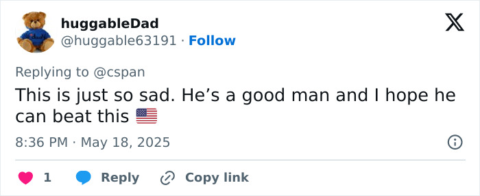 A tweet expressing sympathy and hope for former president Biden's aggressive prostate cancer with bone spread.