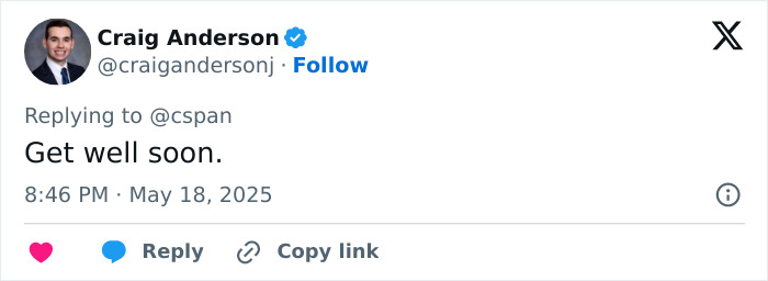 Craig Anderson on a social media post sending a get well soon message for former President Biden's aggressive prostate cancer diagnosis.