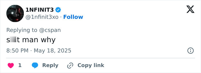 Tweet from user 1NF1NIT3 replying to C-SPAN, discussing former President Biden facing aggressive prostate cancer with reported bone spread.