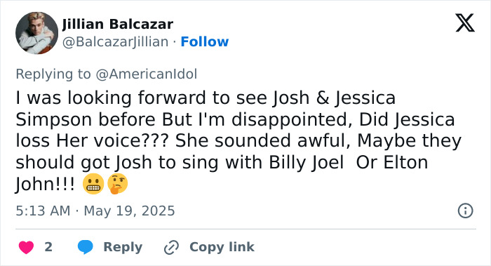 Tweet criticizing Jessica Simpson&rsquo;s live TV performance after 15 years, describing it as an absolute train wreck.