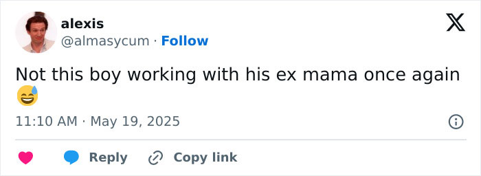 Tweet by user alexis joking about Ralph Fiennes reuniting with ex-lover Francesca Annis after nearly 30 years.