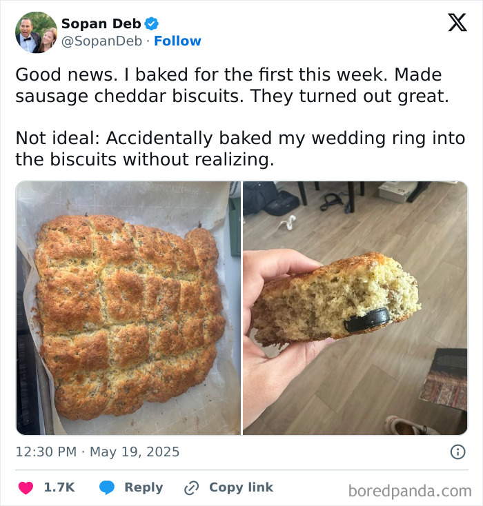 Baked sausage cheddar biscuits with a wedding ring accidentally baked inside, showcasing a cooking fail and accident.