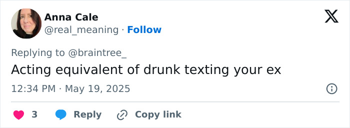 Tweet by Anna Cale with a profile photo, commenting on texting an ex, related to Ralph Fiennes and Francesca Annis reunion.