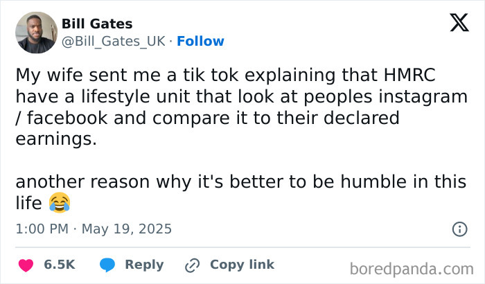 Screenshot of a humorous British social media post about HMRC lifestyle checks and the value of humility.