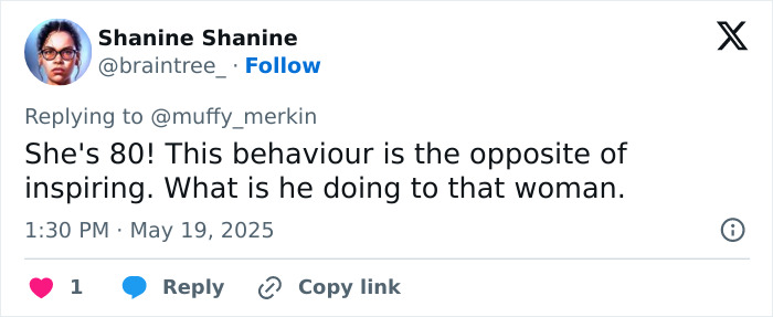 Tweet by Shanine Shanine reacting to Ralph Fiennes and Francesca Annis reunion, questioning behavior and inspiration.