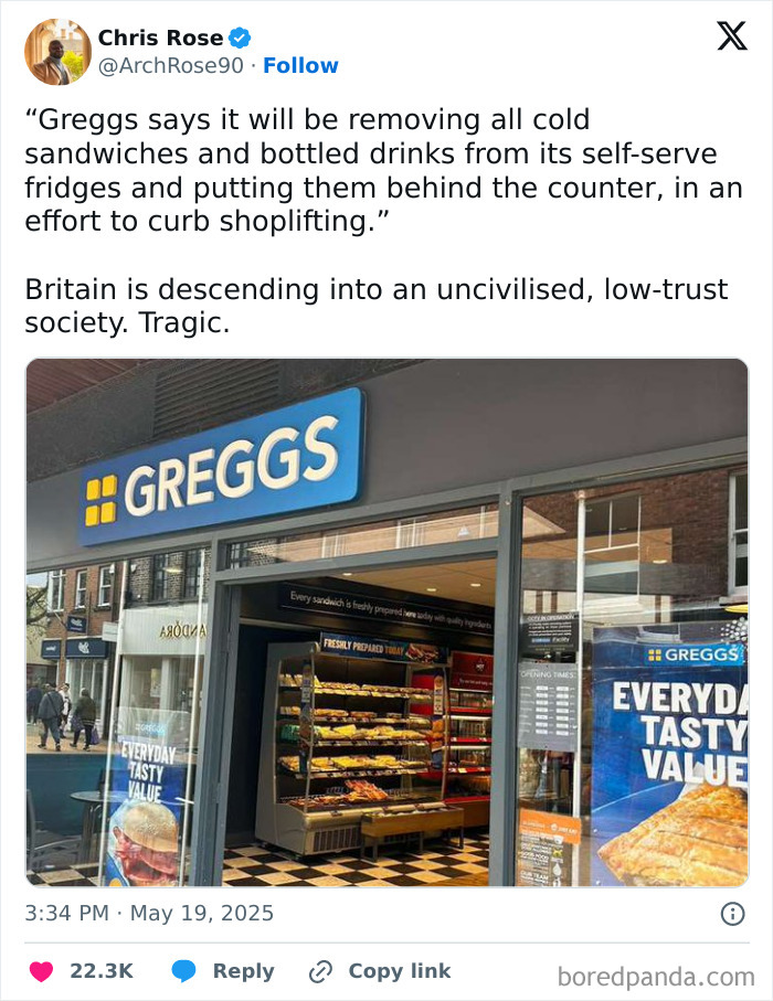 Greggs bakery storefront with signs and baked goods, illustrating British humour in comedic social media posts.