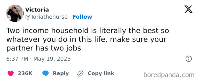 Tweet by user Victoria humorously advising to ensure a partner has two jobs, illustrating British people being the best comedians.