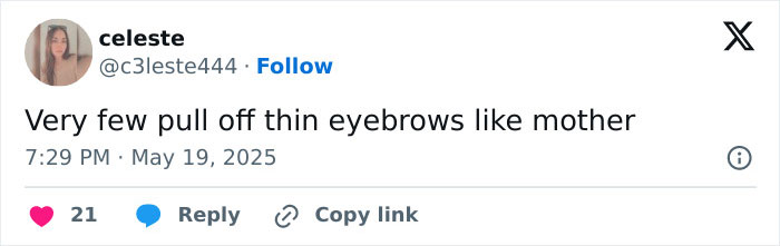 Tweet from user celeste appreciating thin eyebrows, related to Pamela Anderson&rsquo;s 90s glam makeup comeback with thin brows.
