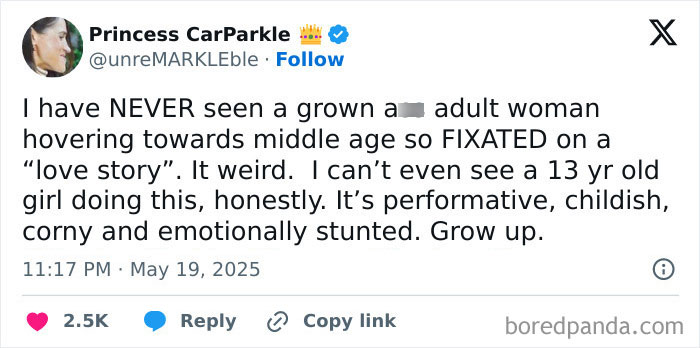 Screenshot of a tweet criticizing Meghan Markle for not mentioning Prince Harry in an anniversary post.