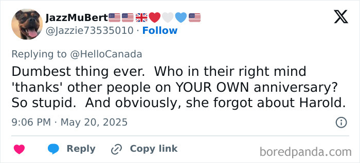 Tweet criticizing Meghan Markle for not mentioning Prince Harry in an elaborate anniversary post, sparking backlash online.